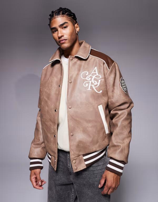 リバーアイランド メンズ アウター ジャケット・ブルゾン レザー フェイクレザー River Island marbled effect faux leather varsity jacket BROWN ブラウン