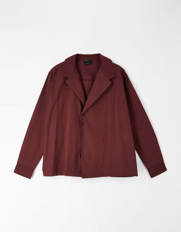 エイソス メンズ トップス シャツ ASOS DESIGN relaxed shawl collar poplin shirt Burgundy バーガンディ