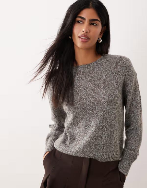 マンゴ レディース トップス シャツ クルーネック ウール セーター Mango wool mix crew neck sweater and BROWN ブラウン
