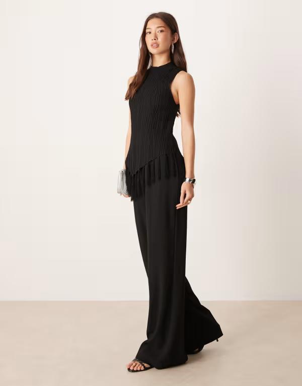 マンゴ レディース トップス ジャンプスーツ ノースリーブ Mango sleeveless textured jumpsuit Black ブラック｜ReVida 店