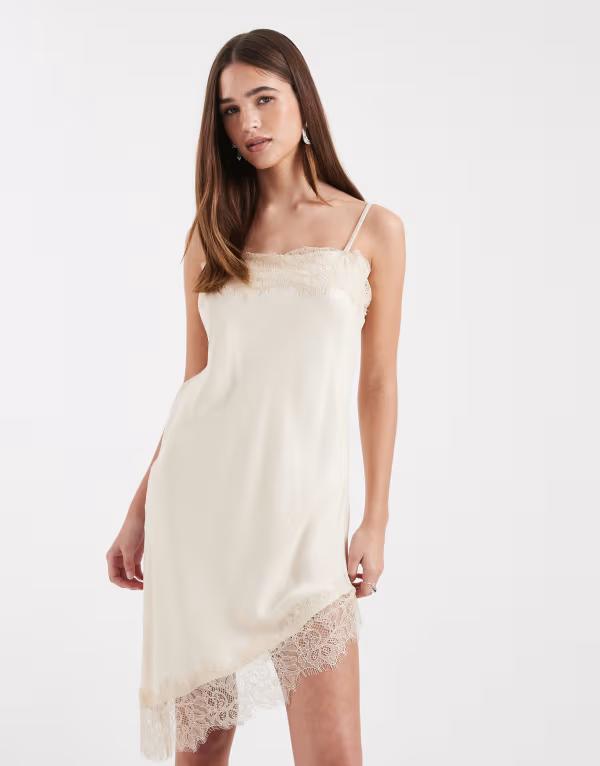 エイソス レディース トップス ワンピース アシンメトリー レーストリム ミニ サテン レース ASOS DESIGN satin lace trim asymmetric mini dress in ecru エクリュ