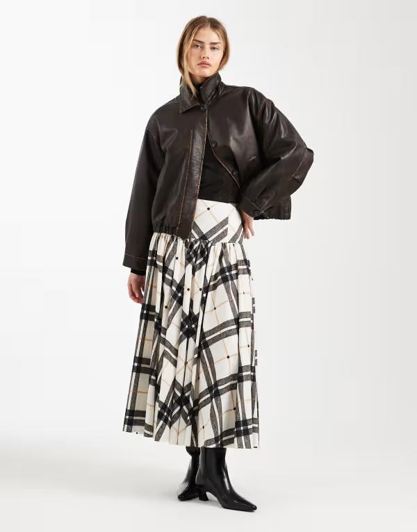 エイソス レディース 下つ方スコート midi ASOS DESIGN dropped waist volume MIDI skirt インチ plaid Check 照合のしるし