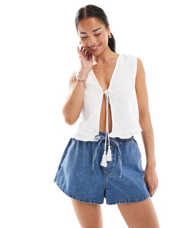 オンリー レディース トップス 貯蔵タンクいの一番 刺しゅう リネン ONLY embroidered linen mix tie frontop BRIGHT WHITE 白いこと タンクトップ-レディースファッション-トップス