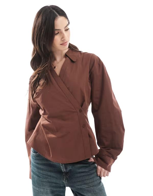 エイソス レディース トップス シャツ ASOS DESIGN wrap shirt with cocoon sleeve Brown ブラウン