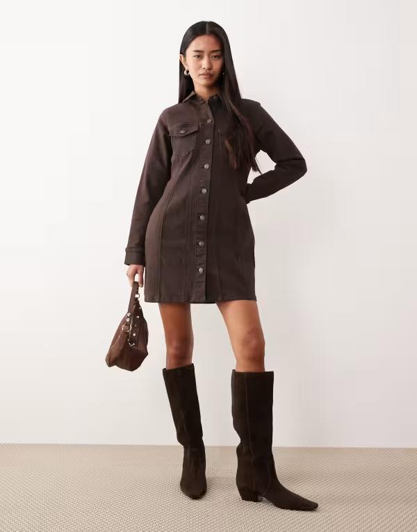 エイソス レディース トップス ワンピース シャツ デニム ASOS DESIGN denim long sleeve fitted shirt dress in chocolate チョコレート