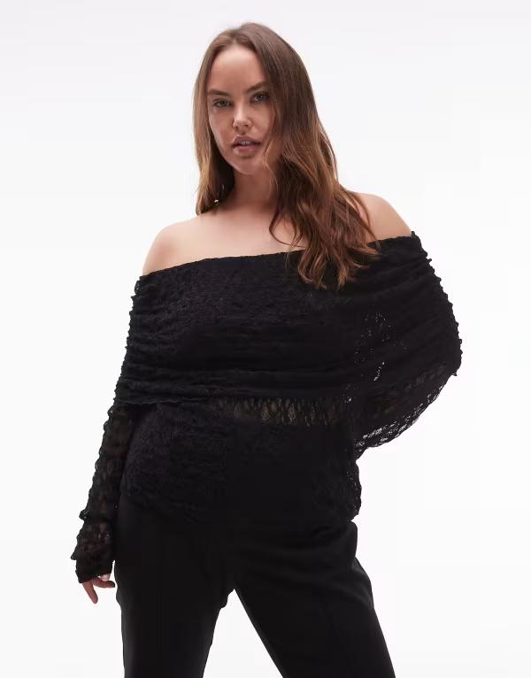 エイソス レディース トップス シャツ レース ASOS Curve ASOS DESIGN Curve lace fold over off the shoulder top Black ブラック