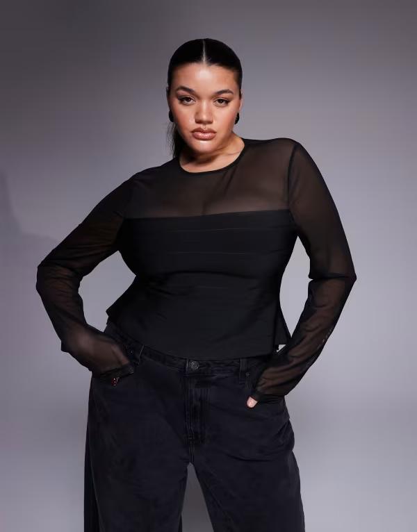 エイソス レディース トップス シャツ メッシュ ASOS Curve ASOS DESIGN Curve mesh bandage panelong sleeve top Black ブラック