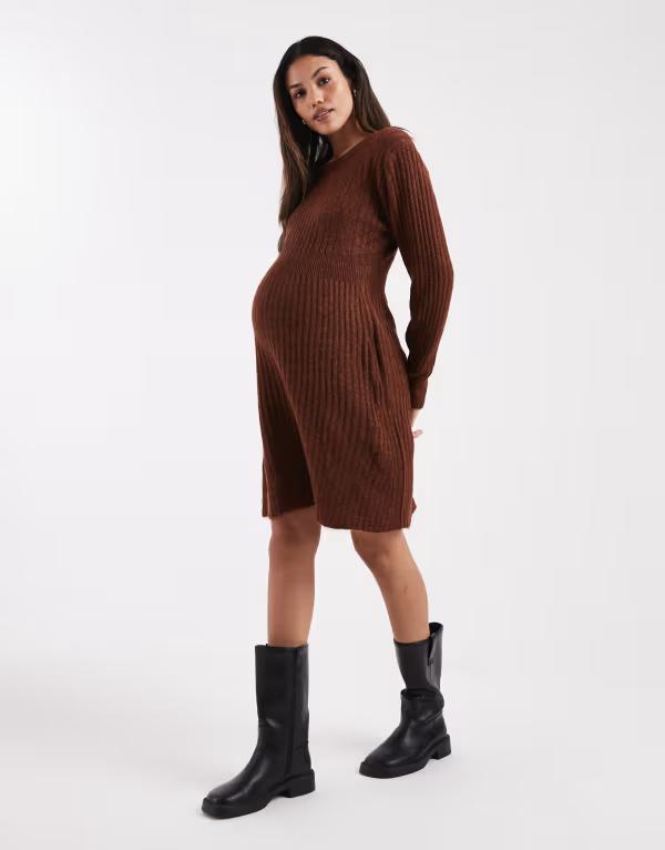 ママライシアス レディース トップス ワンピース リブニット ミニット マタニティ Mama.licious Mamalicious Maternity rib knit fit and flare mini dress Fired brick melange ブラウン｜ReVida 店