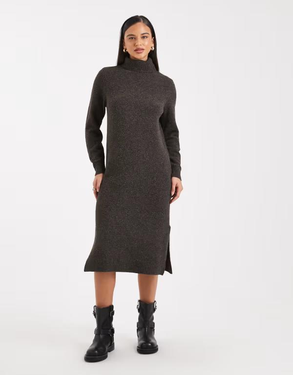 ヴェロモーダ レディース トップス ワンピース ミディ ニット Vero Moda soft knit roll neck midi dress in chocolate melange Chocolate torte チョコレート｜ReVida 店