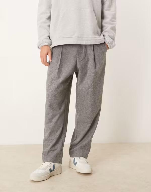 エイソス メンズ ボトムス カジュアルパンツ ウール ASOS DESIGN relaxed tapered wool blend pants Gray グレー