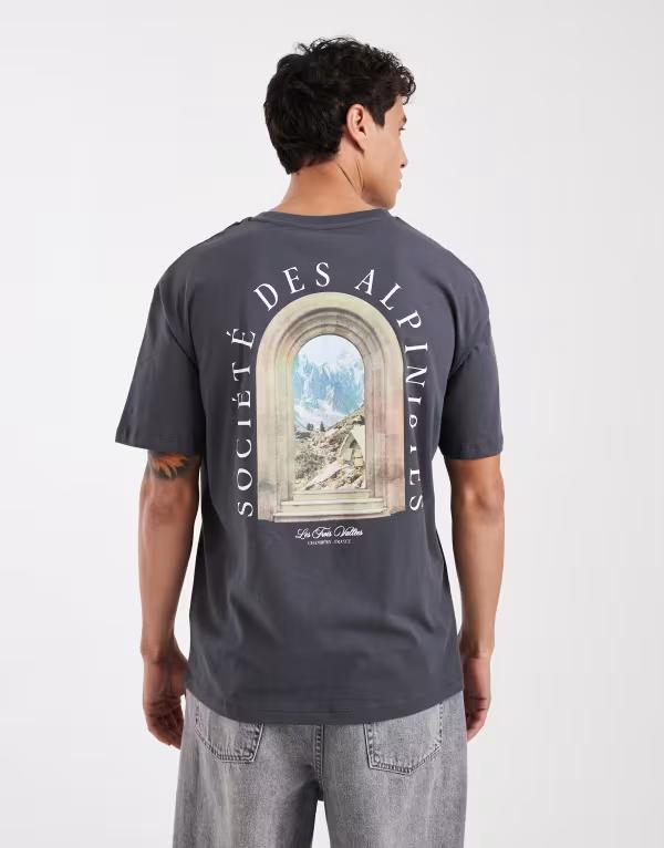 ジャック アンド ジョーンズ メンズ トップス Tシャツ プリント Jack & Jones oversized T-shirt with scenic backprint Dark Shadow グレー｜ReVida 店