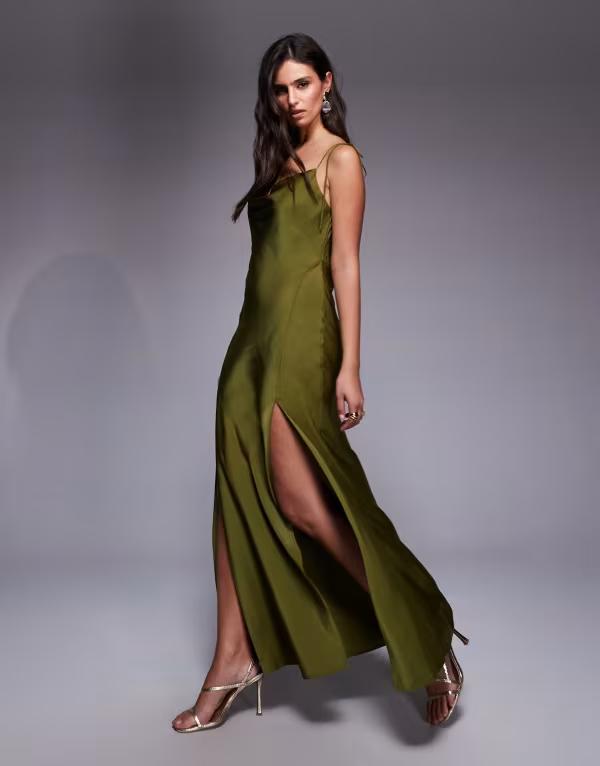 エイソス レディース トップス ワンピース サテン マキシ ASOS DESIGN satin tie straps maxi dress with slit detail in olive オリーブ
