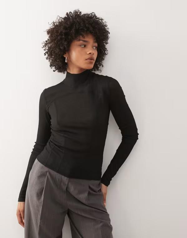 ウィークデイ レディース トップス Tシャツ ハイネック メッシュ Weekday meshigh neck long sleeve top with contoured seam detailing Black ブラック