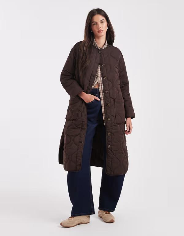 オブジェクト レディース アウター コート キルティング Object long quilted coat in chocolate Java ブラウン