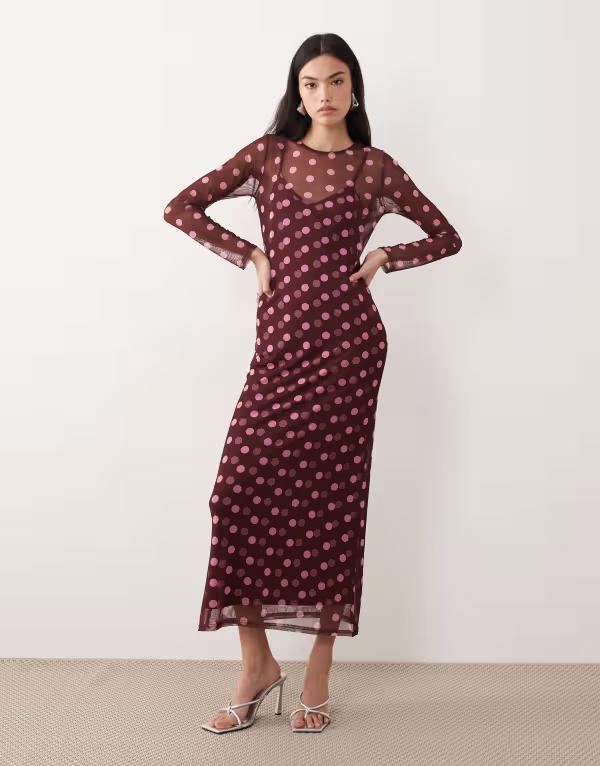 ネバーフリードレスド レディース トップス ワンピース ドット柄 ドット メッシュ Never Fully Dressed mesh midaxi dress in chocolate polka dot Chocolate チョコレート