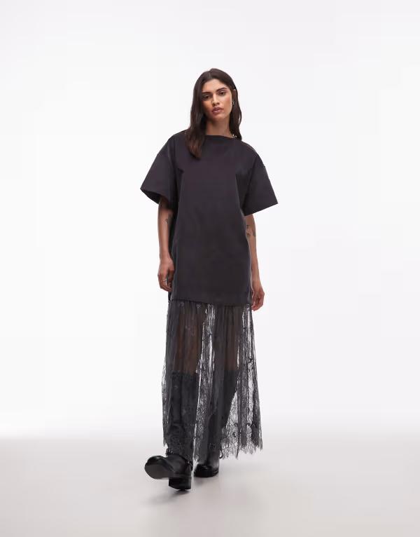 エイソス レディース トップス ワンピース ミニ Tシャツ スカート レース ASOS DESIGN cord T-shirt hybrid mini dress with lace skirt in charcoal チャコール