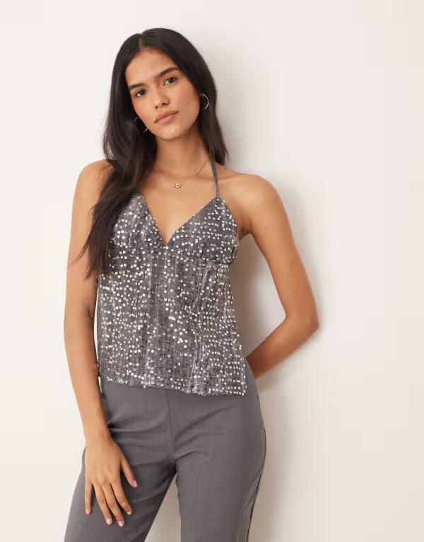 モーテル レディース トップス シャツ シフォン スパンコール ホルター Motel Rafina chiffon sequin halter top Gray グレー