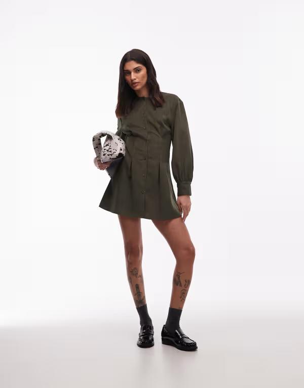 エイソス レディース トップス ワンピース ミニ ASOS DESIGN cord round neck button up waisted mini dress in olive オリーブ｜ReVida 店