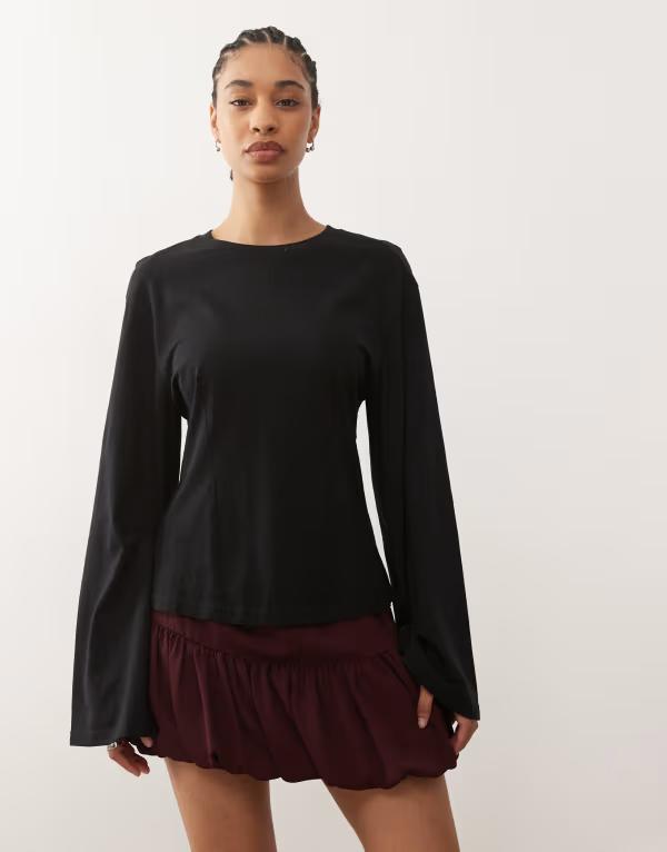 モンキ レディース トップス タンクトップ ウエストマーク Monki long sleeve cinched waistop Black ブラック
