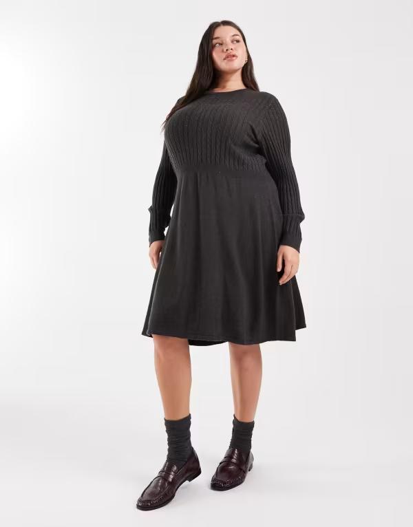 オンリーカーブ レディース トップス ワンピース ニット ONLY Curve cable knit dress in dark Gray グレー