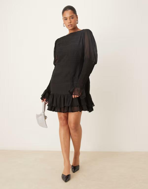 エイソス レディース トップス 衣装 ミニ ASOS Curve ASOS DESIGN Curve slash neck dropped waist mini dress with shirred sleeves Black 黒いこと