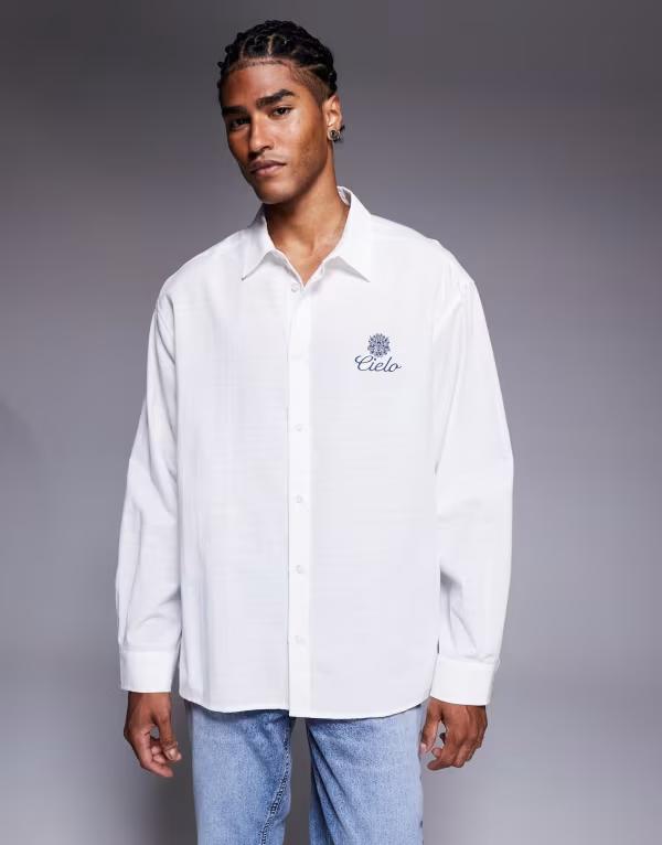 エイソス メンズ トップス シャツ ASOS DESIGN oversized shirt with chest embroidery WHITE ホワイト