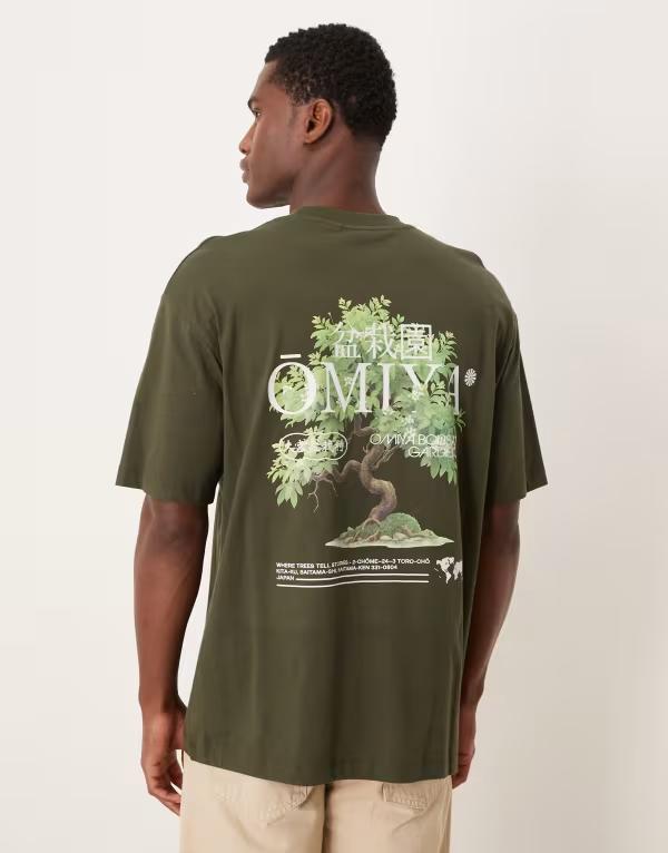 エイソス メンズ トップス Tシャツ グラフィック ASOS DESIGN relaxed t-shirt with bonsai graphics in dark Forest night フォレスト