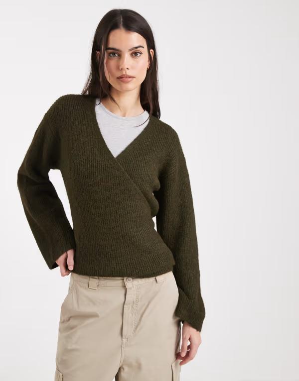 フォース&レックレス レディース アウター カーディガン リブ ニット 4th & Reckless ribbed knit wrap tie cardigan in olive オリーブ