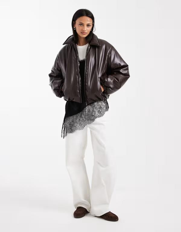 オブジェクト レディース アウター ジャケット・ブルゾン レザー フェイクレザー Object premium faux leather padded jacket in chocolate Seal brown ブラウン