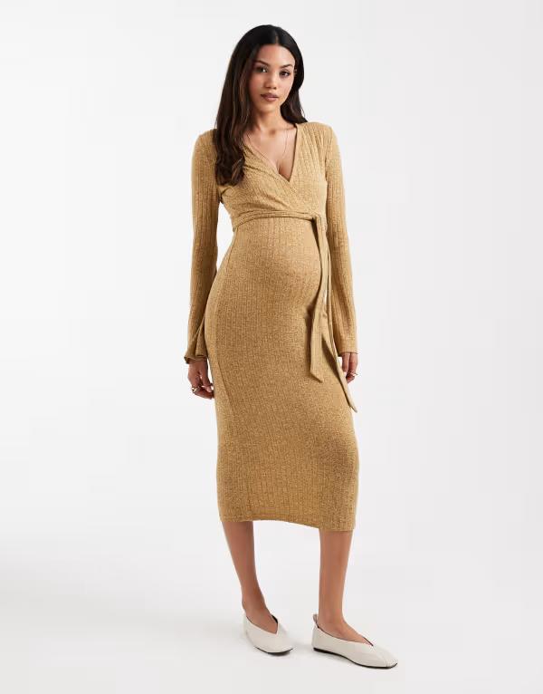 ママライシアス レディース トップス 衣装 リブニット midi 編み物 マタニティ Mama.licious Mamalicious Maternity rib knit nursing friendly wrap front MIDI dress インチ heathered yellow Dried tobacco 黄色