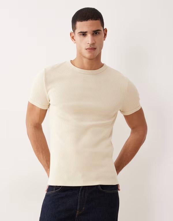 エイソス メンズ トップス Tシャツ リブ ASOS DESIGN super heavyweight muscle fit ribbed T-shirt Wood Ash アッシュ