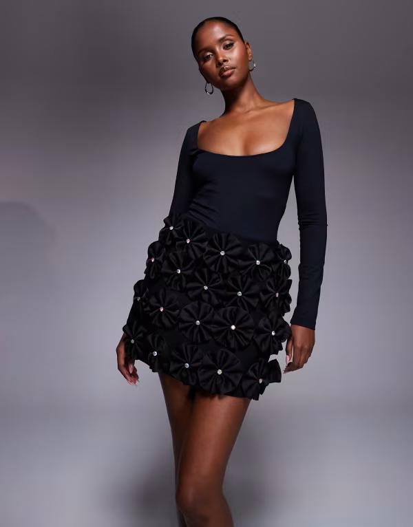 リバーアイランド レディース 下つ方スコート A 伝達ルート ミニ River Island 3D flower A-line mini skirt Black 黒いこと