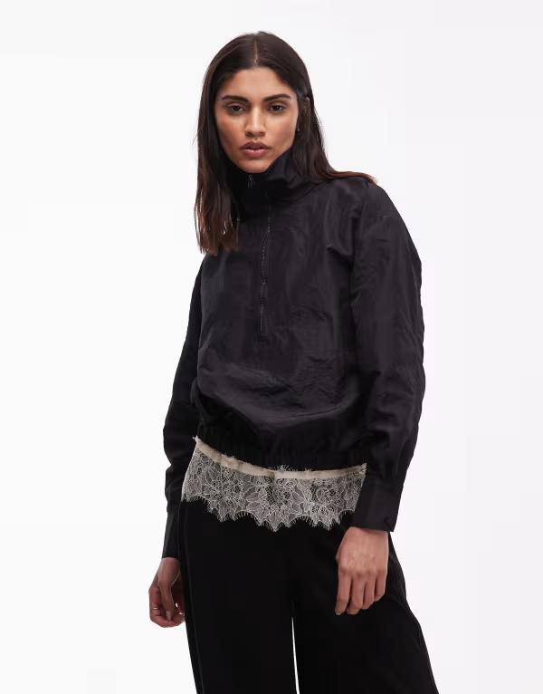 エイソス レディース アウター コート ハーフジップ ASOS DESIGN taffeta half zip windbreaker Black ブラック