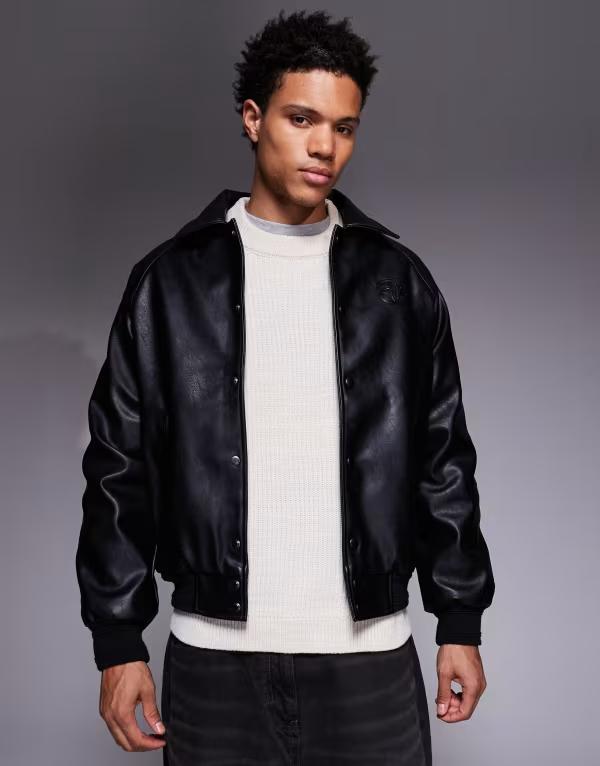 リバーアイランド メンズ アウター ジャケット・ブルゾン レザー フェイクレザー River Island faux leather button up jacket Black ブラック