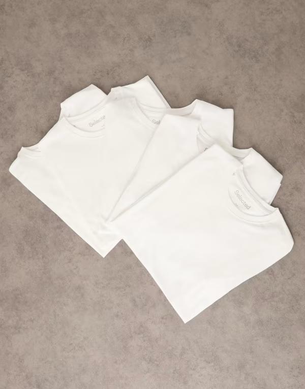 セレクティッド メンズ トップス Tシャツ レギュラーフィット コットン Selected 100% cotton regular fit 5 pack t-shirts Bright White ホワイト