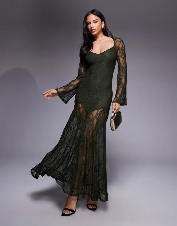 エイソス レディース トップス 衣装 スピード競技 マキシ ASOS DESIGN lace long sleeve dropped waist maxi dress green 緑であること