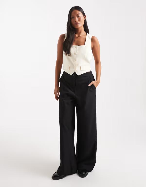 エイソス レディース ボトムス カジュアルパンツ ストレート プチ ASOS DESIGN Petite tailored relaxed straight leg pants Black ブラック