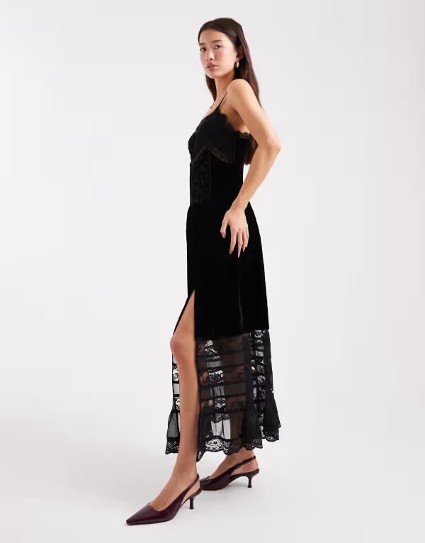 ミスセルフフリッジ レディース トップス ワンピース ベルベット レース マキシ Misselfridge velvet and lace cami maxi dress Black ブラック