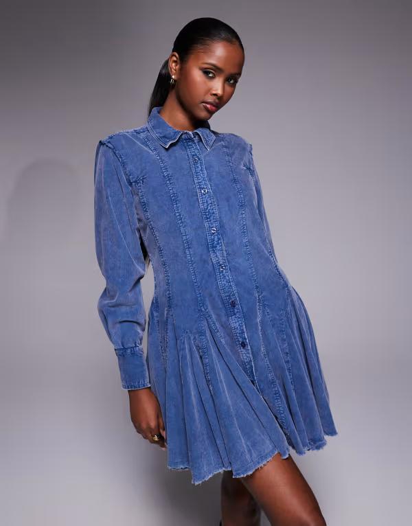 エイソス レディース トップス 衣装 プルオーバー ジーンズ ASOS DESIGN cord shirt dress with nipped-インチ waist and godets インチ denim Blue ジーンズ