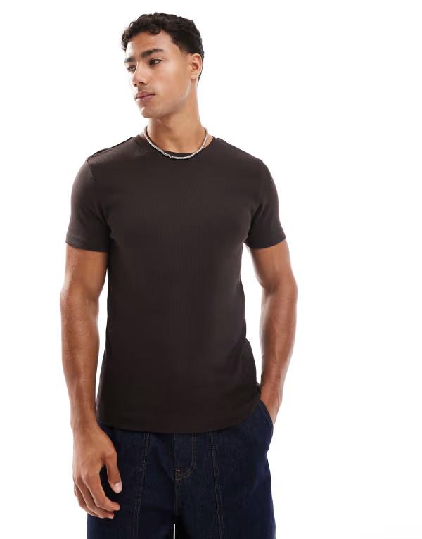 エイソス メンズ トップス Tシャツ ASOS DESIGN essentials muscle fit-shirt rib Mole ブラウン