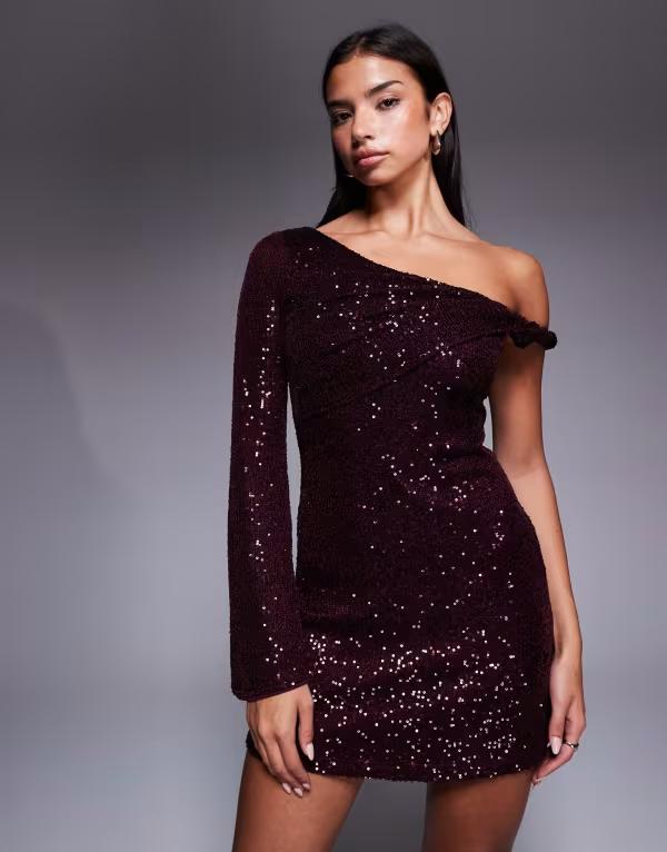 エイソス レディース トップス ワンピース ミニ スパンコール ASOS DESIGN sequin one shoulder mini dress with twistedetail Burgundy バーガンディ
