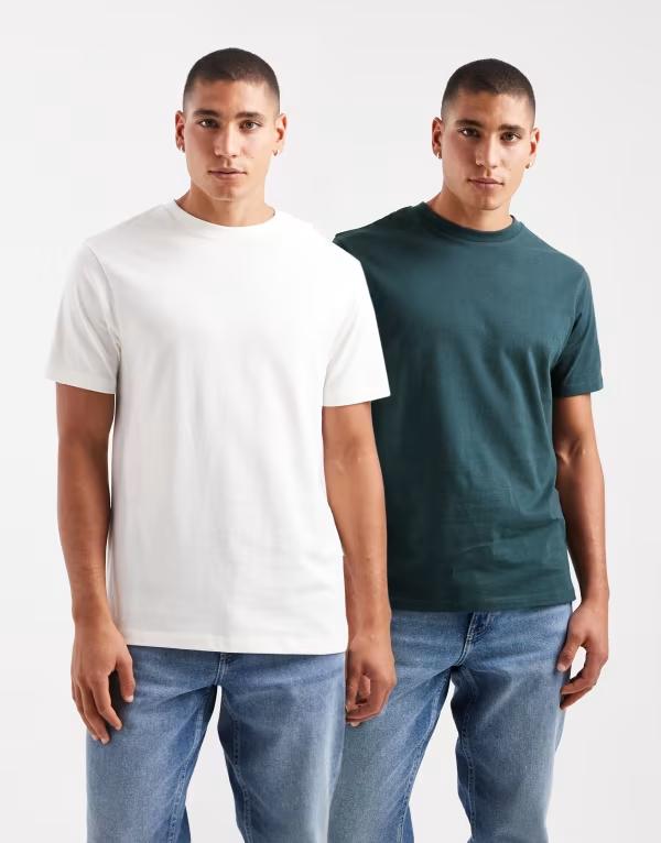エイソス メンズ トップス Tシャツ クルーネック ASOS DESIGN Essentials 2 pack crew neck T-shirt in cream andark Cream/Dark Green クリーム