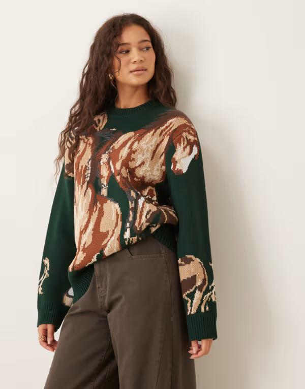ハウスオブサニー レディース アウター ニット・セーター House of Sunny classic wild horsesweater in emerald GREEN グリーン