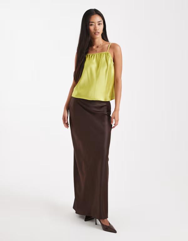 フォース&レックレス レディース ボトムスカート サテン マキシ 4th & Recklessatin column maxi skirt in chocolate チョコレート