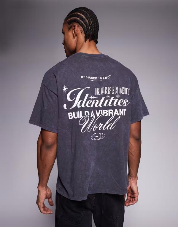 アダプト メンズ トップス Tシャツ プリント ADPT oversized t-shirt with identities back and chest prints in washed Asphalt ブラック