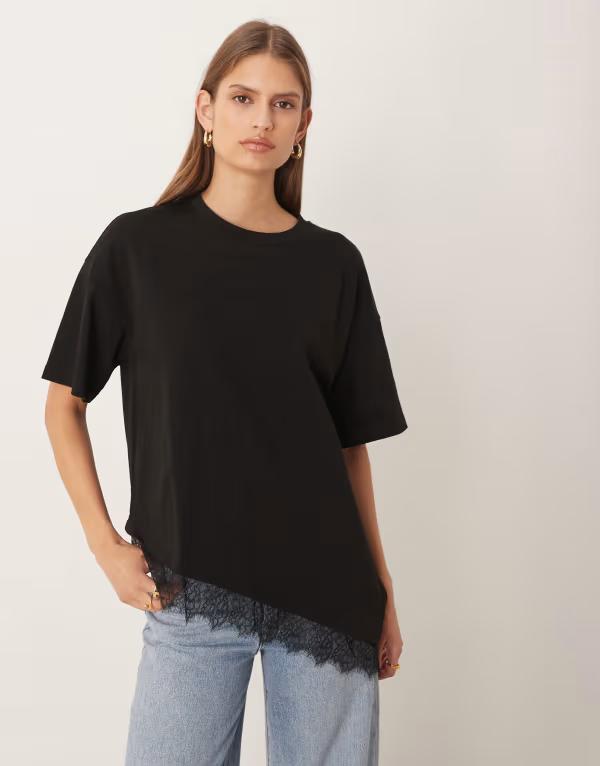 エイソス レディース トップス シャツ アシンメトリー レーストリム レース ASOS DESIGN longline asymmetric tee with lace trim detailing Black ブラック