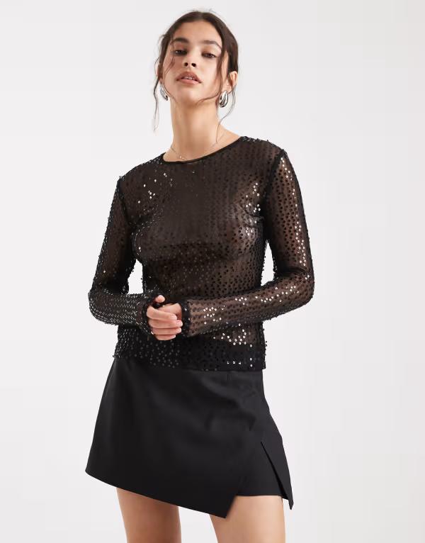ピーシーズ レディース トップス Tシャツ スパンコール Pieces long sleeve sequin top Black sequins ブラック