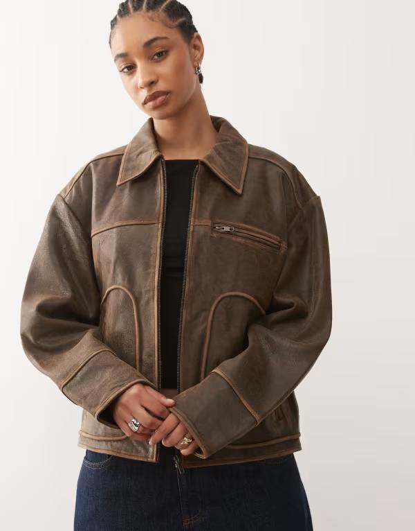 ノイジーメイ レディース アウター ジャケット・ブルゾン レザー Noisy May leather jacket in washed Tan タン