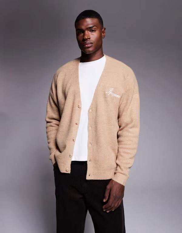 エイソス メンズ アウター カーディガン Vネック ニット ASOS DESIGN oversized knit v-neck cardigan with Ipegaso embroidery BEIGE ベージュ