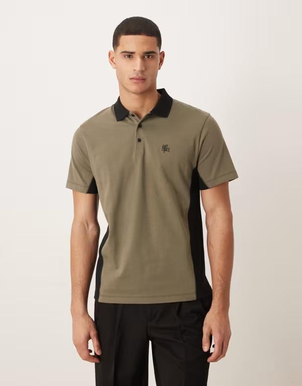 エイソス メンズ トップス ポロシャツ Tシャツ ASOS DESIGN heavyweight polo T-shirt with panels and chest embroidery Khaki カーキ